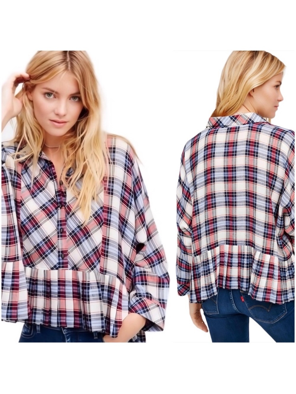 FREE PEOPLE Promise Everything Button Down Peplum Plaid Flannel Small